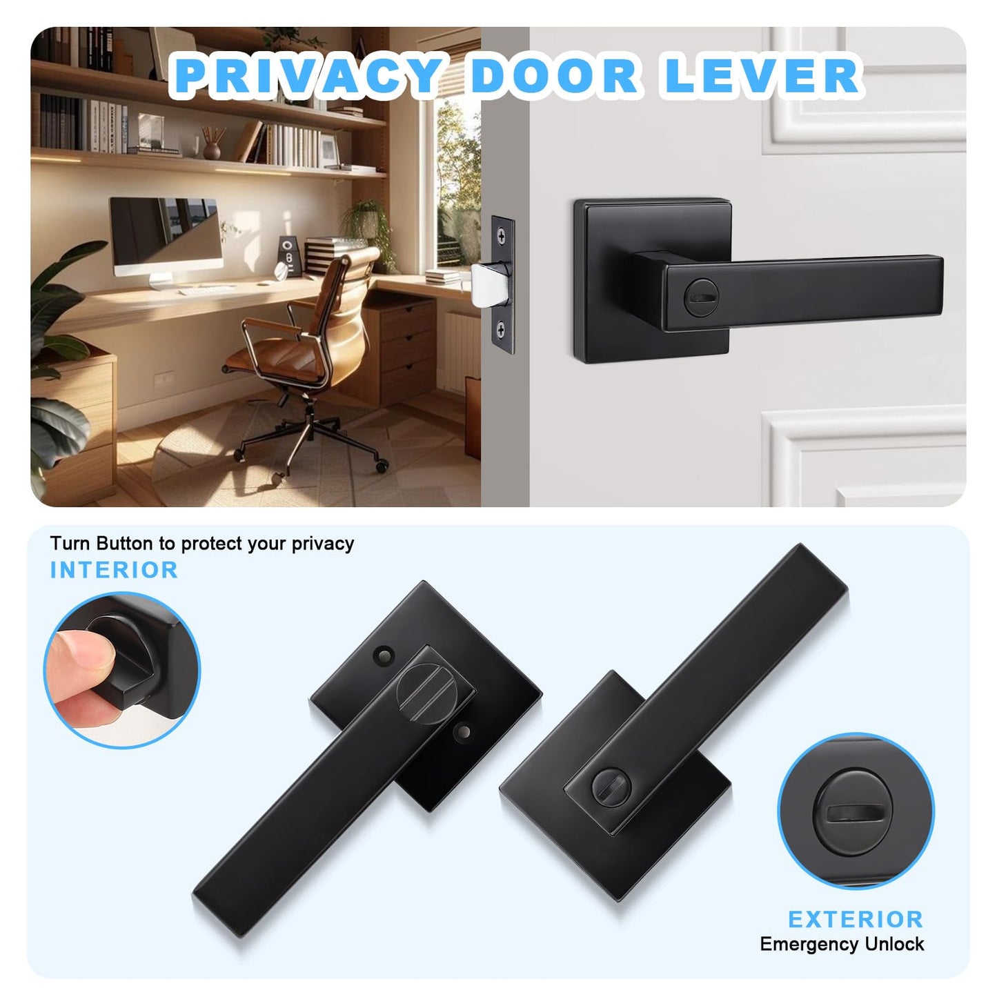 Brotima 5 Pack Matte Black Door Handles Privacy Door Levers, Heavy Duty Bed and Bath Door Locks Interior Keyless Locksets, Reversible Flat Levers with Square Rosette