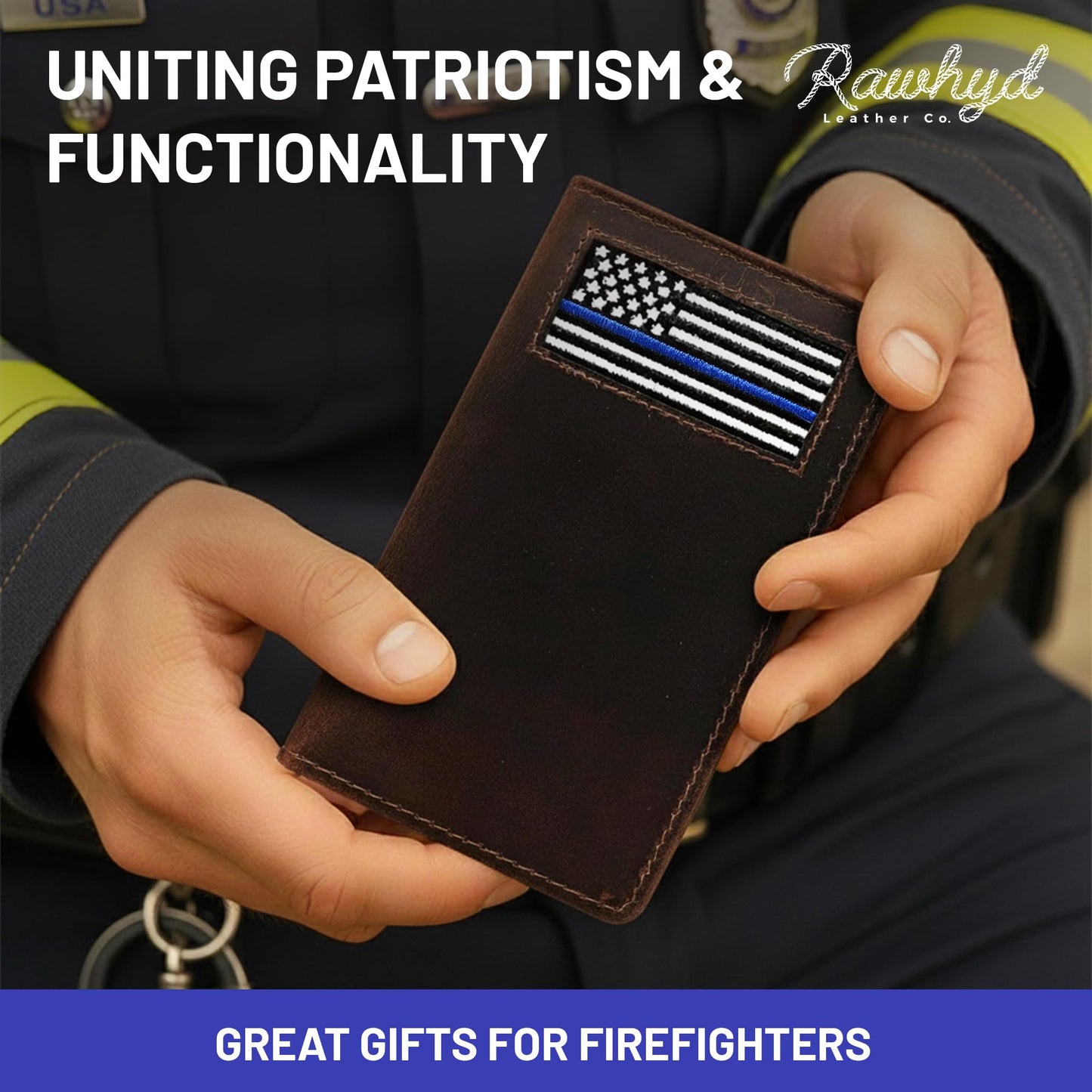 Thin Blue Line Firefighter Long Bifold Men's Wallet - Handcrafted Full Grain Leather Wallet w/ Needlepoint Art - Compact Men's Bifold Wallets w/ Multiple Card Slots for Birthday, Christmas, & More