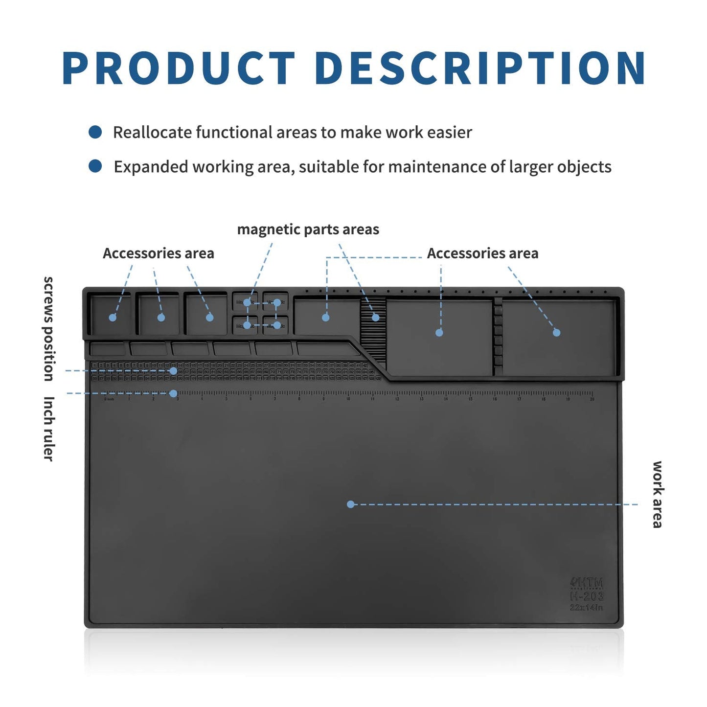 HengTianMei-203 Black Magnetic Repair Work Mat Heat Resistant Large Silicone Soldering Mat Expand Work Area for Soldering, Electronics, Computer Repair Etc 22" * 14"