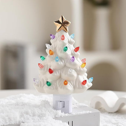 B SEPOR Nostalgic 6.5" Ceramic Christmas Tree That Light Up Wall Mounted Type Plug-in Night Light Mini Decorative Lamp