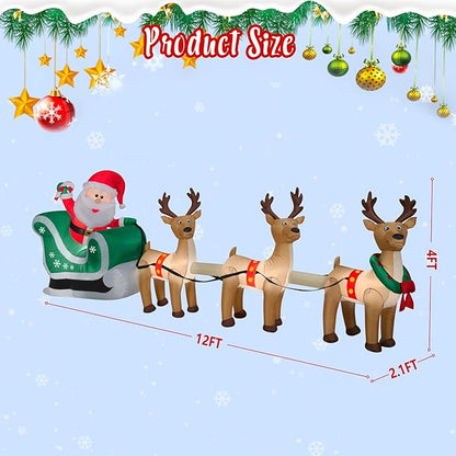 12 FT Christmas Inflatables Santa Sleigh with 3 Reindeer Decorations, Christmas Blow up Santa and Reindeer Inflatable Built-in 8 LEDs for Christmas Inflatable Outdoor Decoration Xmas Party