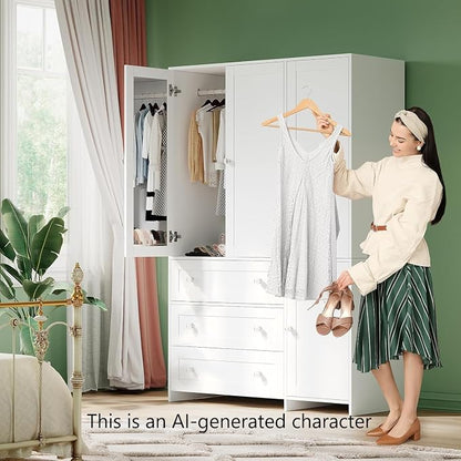 VOWNER Armoire Wardrobe Closet with Drawers and Mirror, 71" Clothing Storage Cabinet with Hanging Rod, 4 Doors Wooden Wardrobe Cabinet for Bedroom, Large Capacity Storage