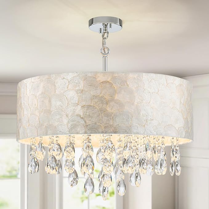 6-Lights Drum Capiz Shell Crystal Chandeliers, Coastal Style Pendant Light Fixture for Dining Room, Living Room, D24 x H23~71 inch(Adjustable), Shell Lampshade & Chrome Finish