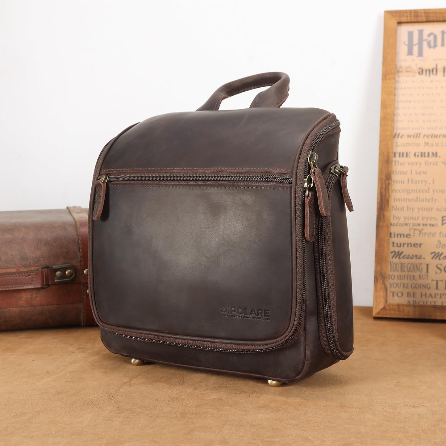 Polare Full Grain Leather Toiletry Bag Travel Hanging Organizer Case Shaving Kit Wash Bag Makeup Cosmetic Dopp Kit with YKK Zippers