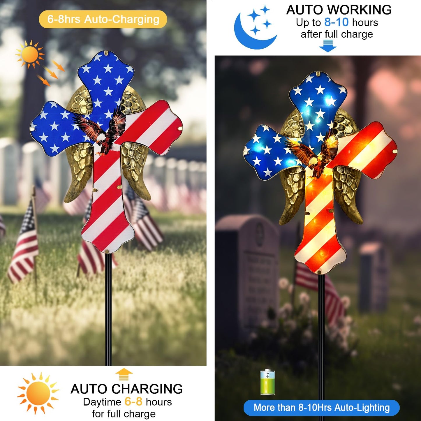 Hokfirm 4th of July Decorations Outdoor,Solar Cross for Cemetery Grave,Cemetery Decorations Yard Patio Decor,Patriotic Eagle Cross Solar Lights Outdoor Pathway,Lawn,National Day Remembrance Gifts