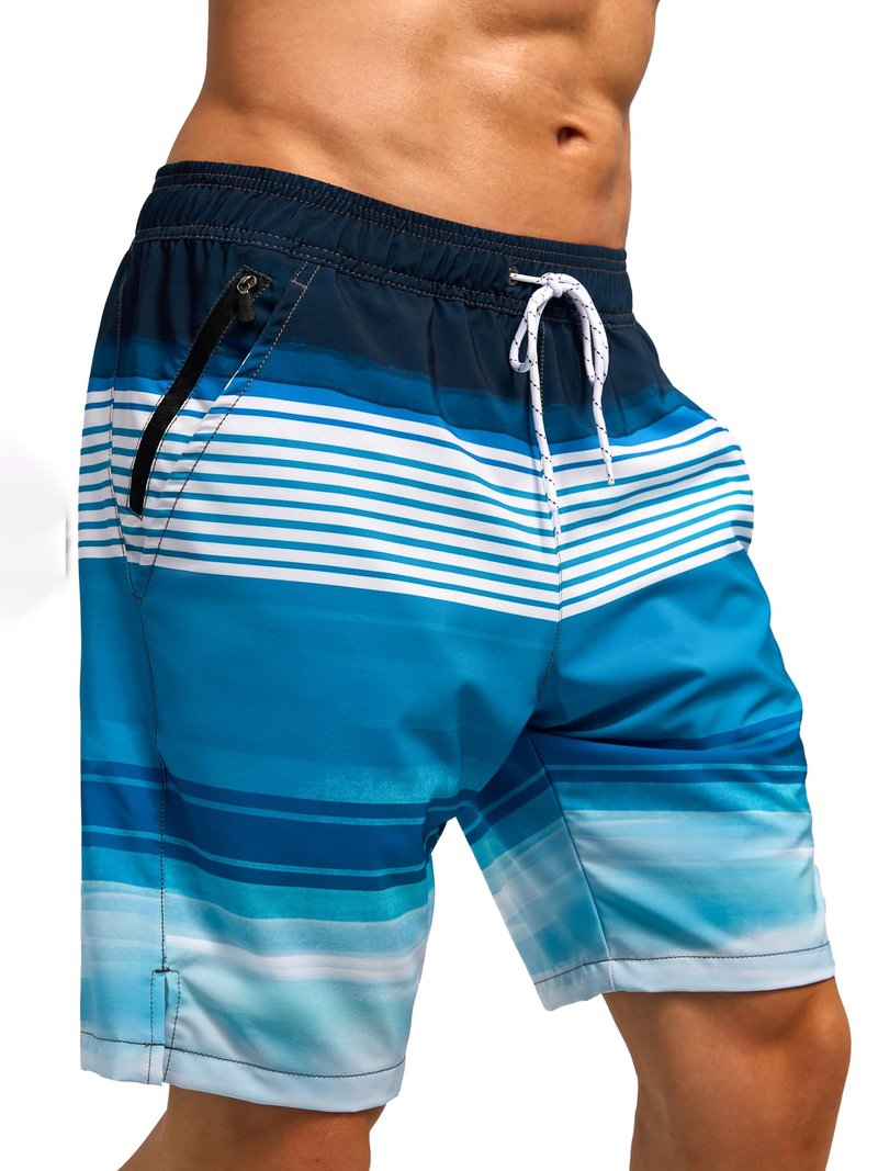 SILKWORLD Mens Swim Trunks with Compression Liner Quick Dry Split-Leg Swimsuit Swimwear Men's Shorts Bathing Suit,Blue and White Stripes,Large