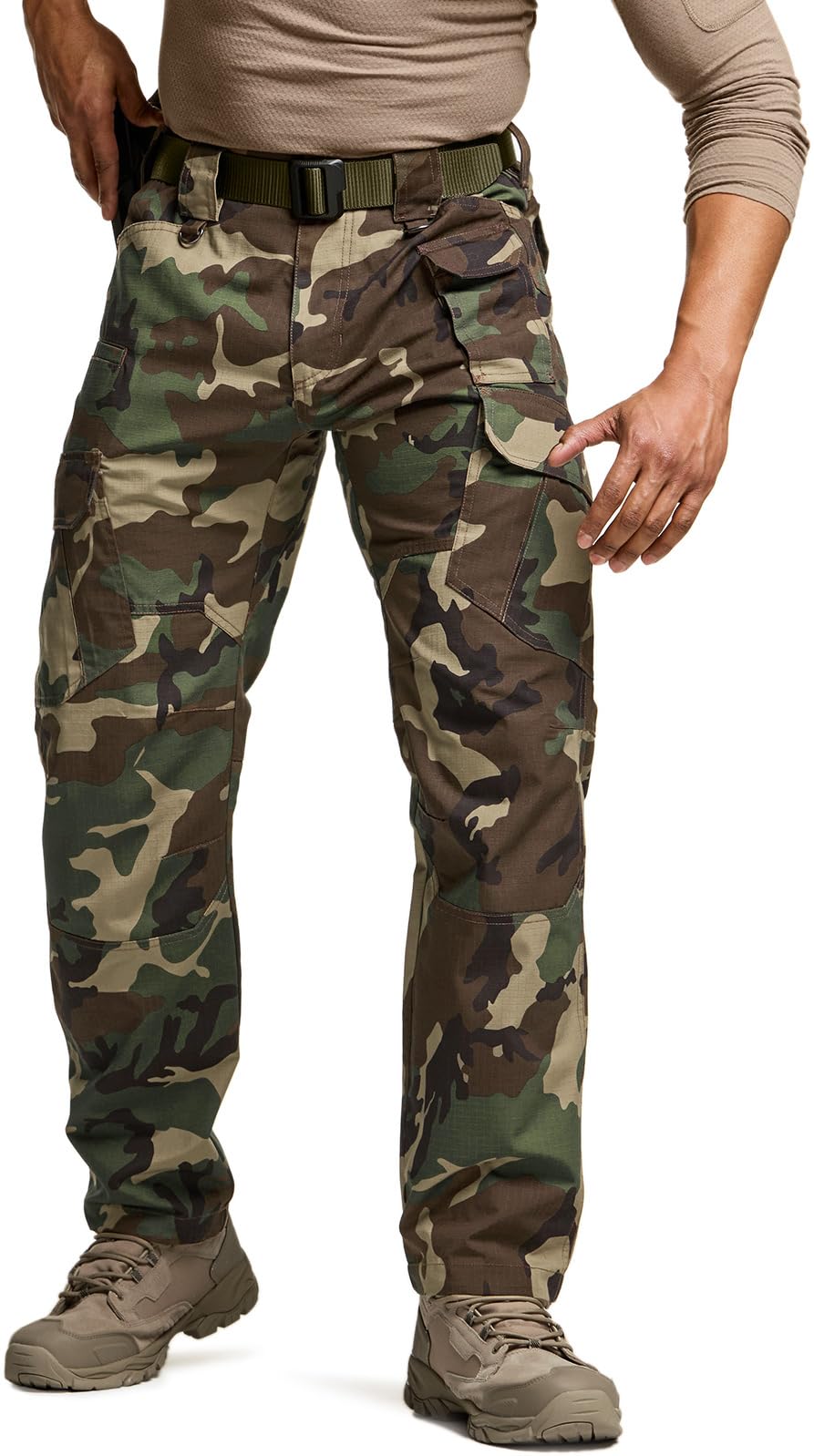 CQR Men's Tactical Pants, Water Resistant Ripstop Cargo Pants, Lightweight EDC Work Hiking Pants, Outdoor Apparel, Duratex Mag Pocket Print Woodland Camo, 40W x 32L