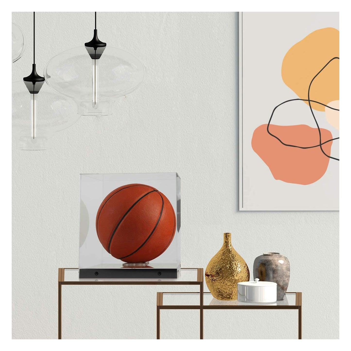 J JACKCUBE DESIGN Basketball Display Case Stand with Wooden Base, Clear Storage for Collectible Sports Memorabilia Holder Cube Case, Autograph Ball Standing Display, Floor (Printing) - MK342SS