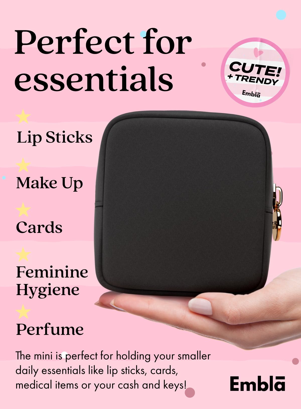Embla Small Makeup Bag for Purse, Mini Waterproof Nylon Cosmetic Pouch, Durable and Lightweight Travel Toiletry Bag with Smooth Zipper, Black