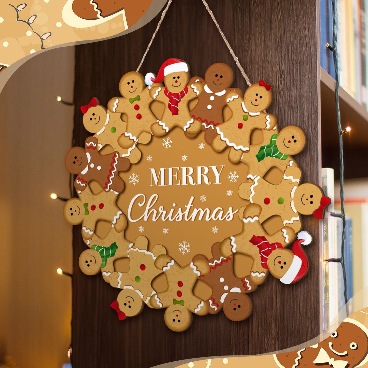 Yousoontic Merry Christmas Gingerbread Man Wreath, Wooden Gingerbread Man Front Door Hanging Sign for Holiday Xmas Indoor Outdoor Home Door/Wall Decor, 11.8 Inch