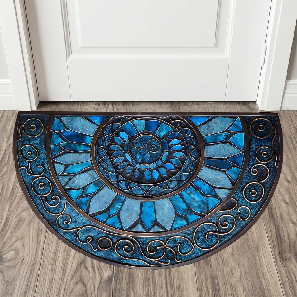 Half Round Door Mat 35.4 x 23.6 Inch, Non Slip Washable Semicircle Entryway Rug, Blue Mosaic Floor Mat for Front Door Kitchen Bathroom Patio(Blue, 35.4 x 23.6inch)