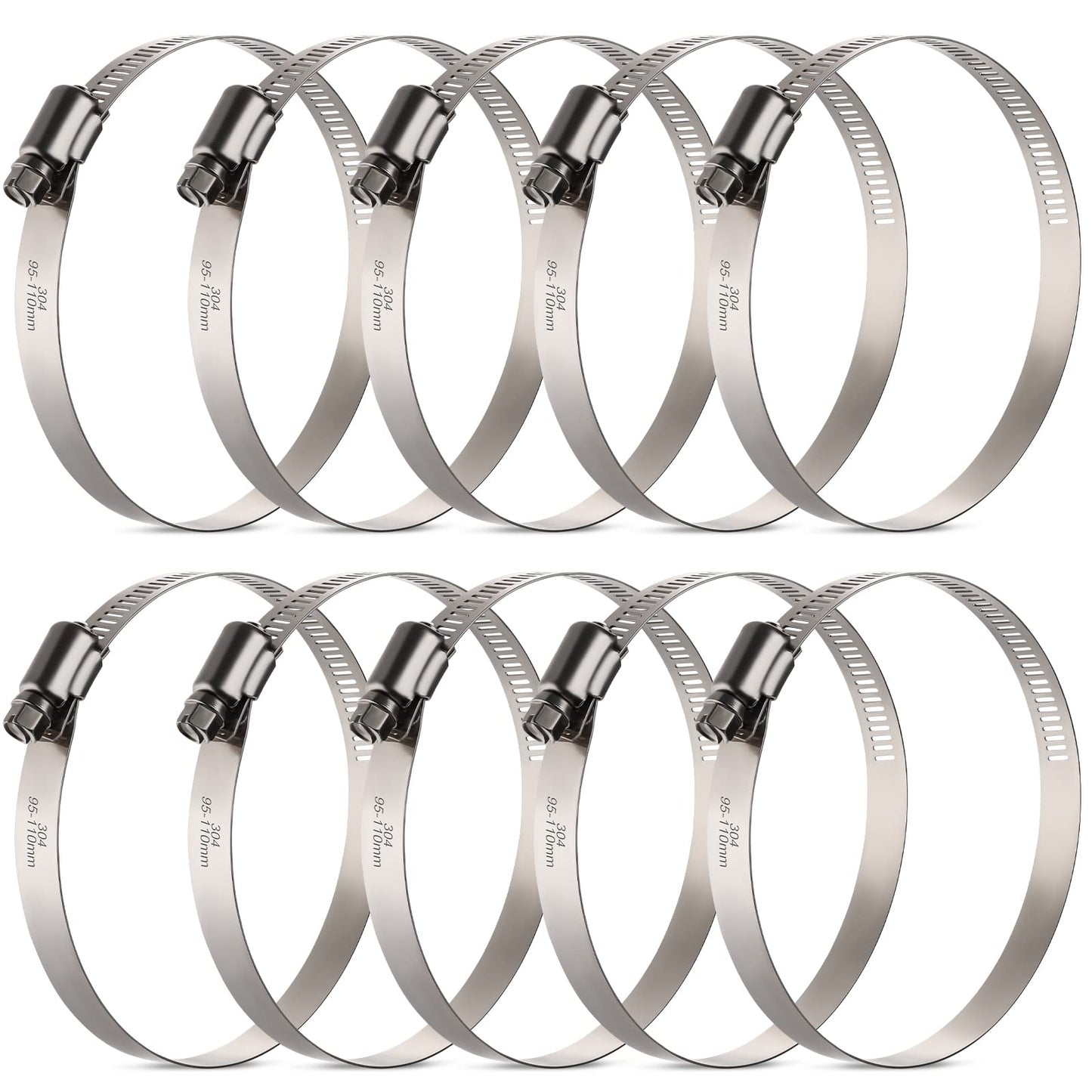 OURU Large Hose Clamps, 10 Pack 4 Inch Stainless Steel Hose Clamps Adjustable from 3-3/4"-4-5/16"/95-110mm, Metal Worm Gear Duct Clamp for Air Ducting, Dryer Vent Hose, Fuel Line, Automotive