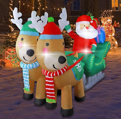 MorTime 6.7 FT Christmas Inflatable Santa Claus on Sleigh Pulled by Two Reindeers with Gift Boxes, Blow up Lighted Xmas Yard Decor with LED Lights for Christmas Outdoor Decorations