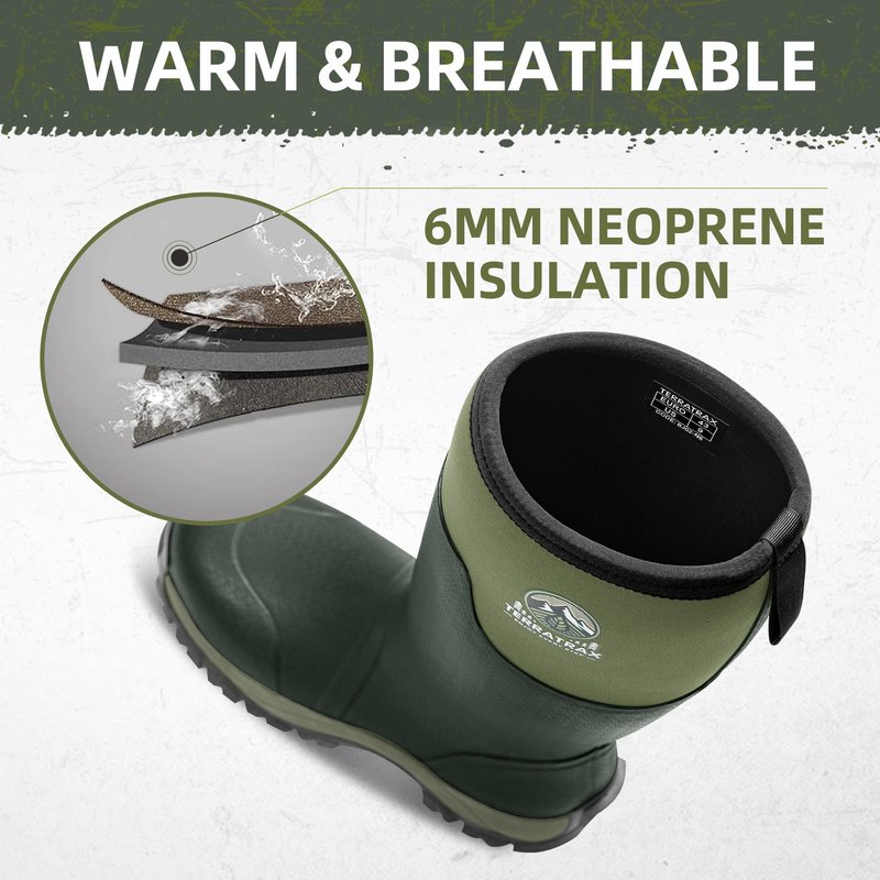 TerraTrax Men's Waterproof Insulated Rubber Hunting Boots – 6mm Neoprene Rain Boots for Outdoor Work, Fishing, Farming & Gardening Green Size 12