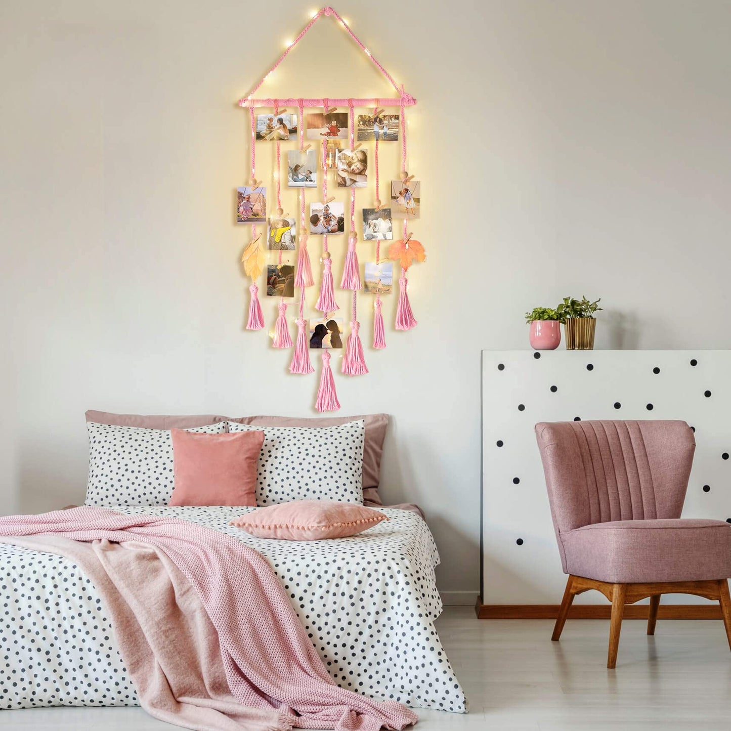 Hanging Photo Display Wall Decor, Pink Macrame Wall Hanging Boho Room Bedroom Decor, Picture Frame Collage with Remote Light & 30 Clips, Christmas Teenage Teen Girl Gifts Ages 10 11 12 13 14 Years Old