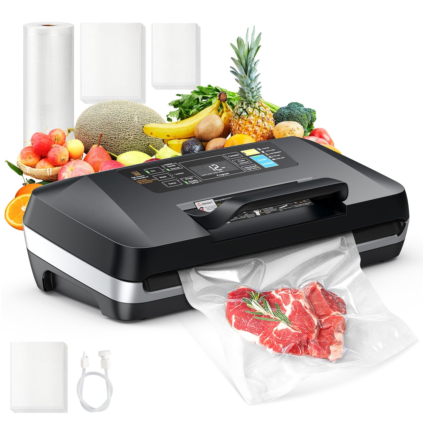 95kpa Vacuum Sealer, Commercial Fully Automatic Food Sealer, Powerful Sealing System, Double Heat Seal, Built-in Cutter and Bag Storage, 1 Roll Bag and 10 Precut Bags