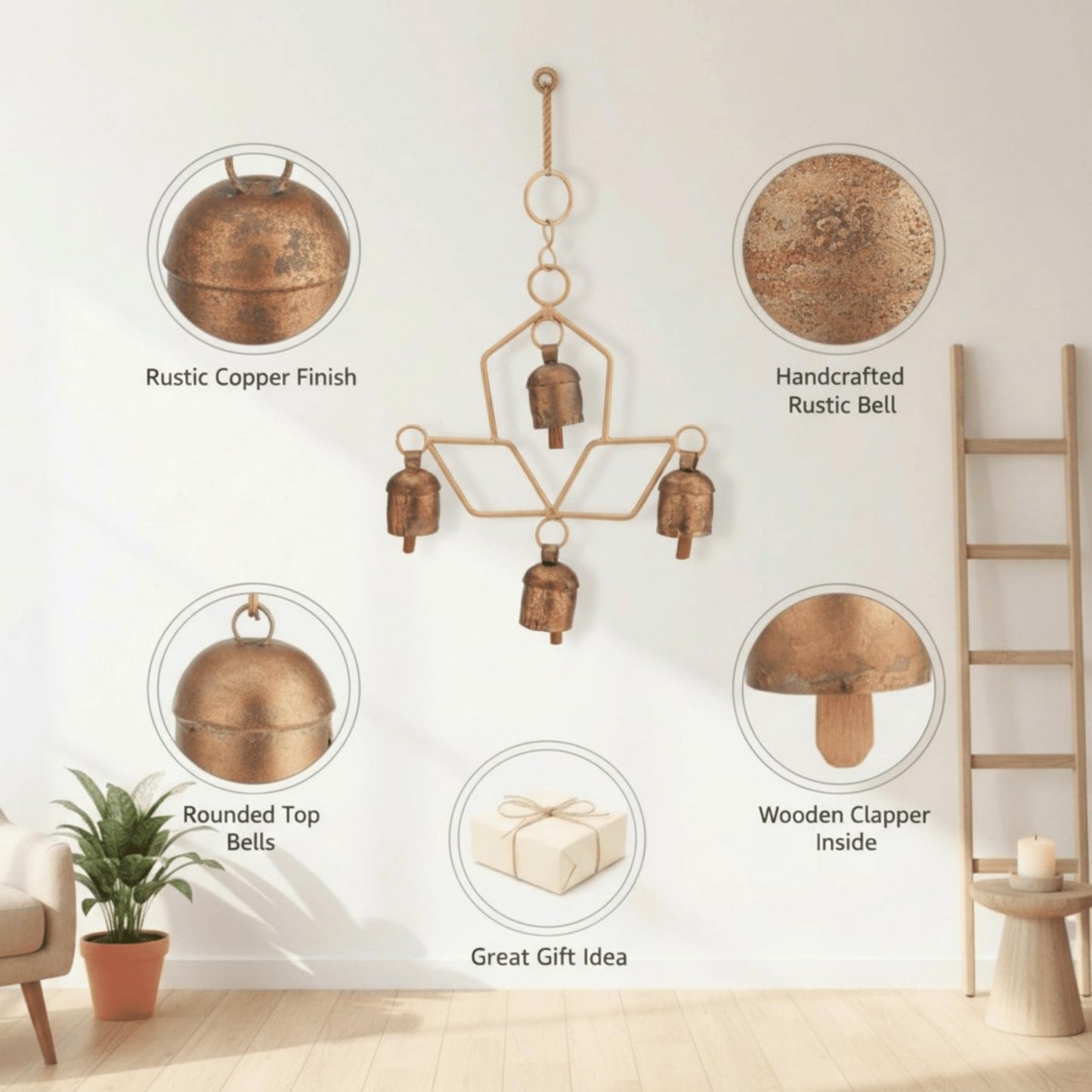 Handmade Wind Chime Bell – Rustic Hanging 4 Bell for Porch, Garden, Balcony, Christmas Decor – Farmhouse Jingle Bells, Witch Bells, Lucky Cow Bells, Boho Ornament Indoor Outdoor - 8 x 4 Inch