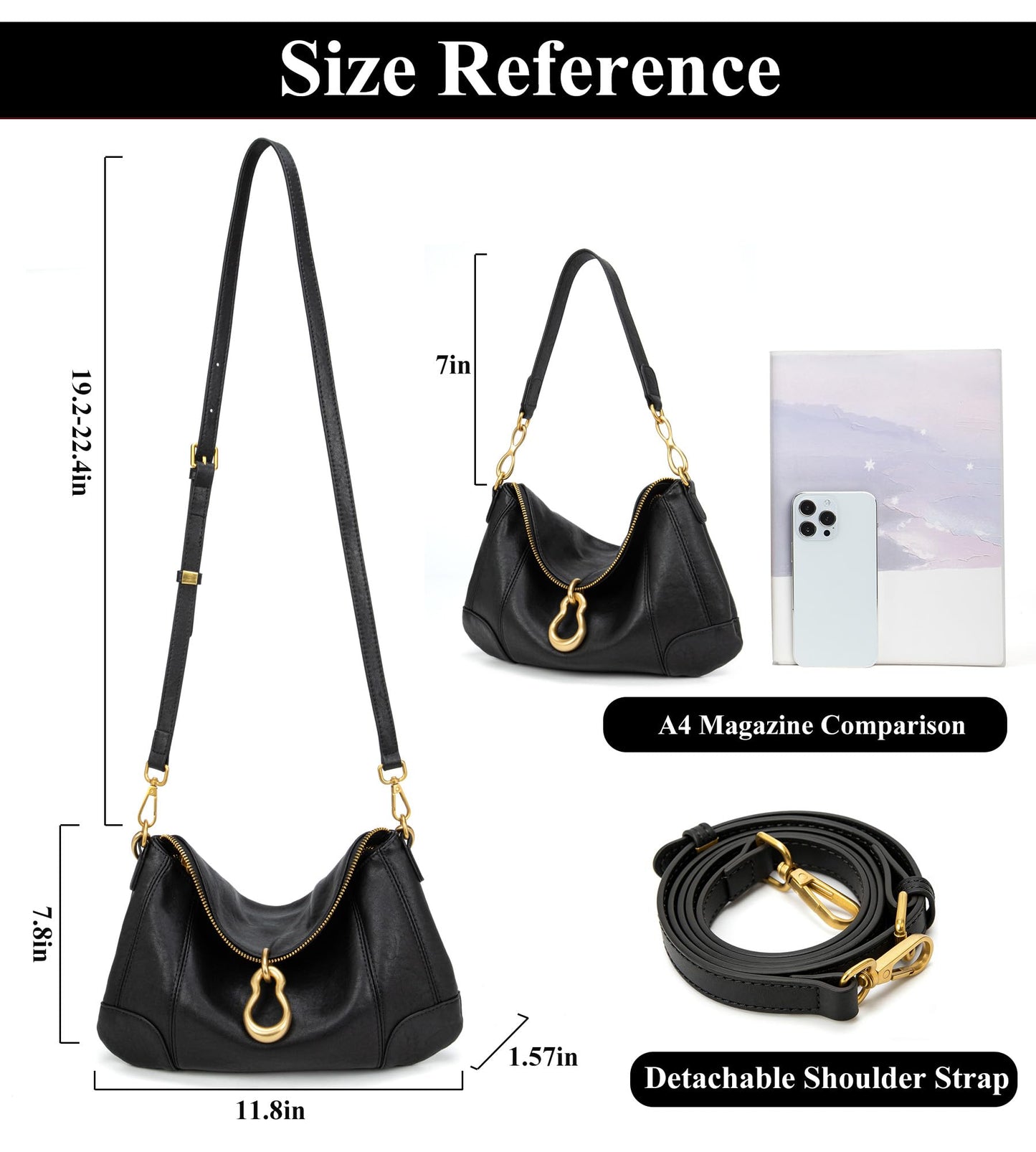 KingTo Shoulder Bag for Women Small Hobo Purse with Metal Pendant Embellished Retro Handbag Satchel (A-Black)