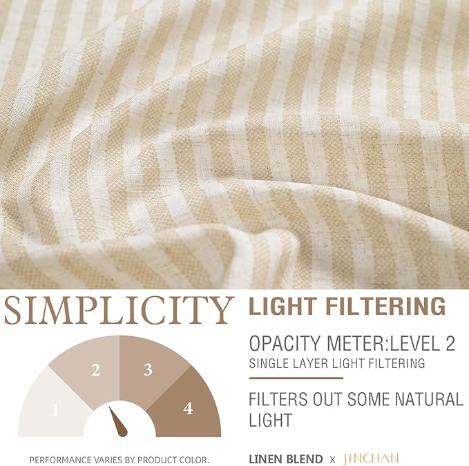 jinchan Tab Top Linen Kitchen Curtains 36 Inches Striped Tier Curtains Farmhouse Modern Cafe Style Small Window Treatments Airy Light Filtering Rod Pocket for Living Room Bathroom 2 Panels Beige