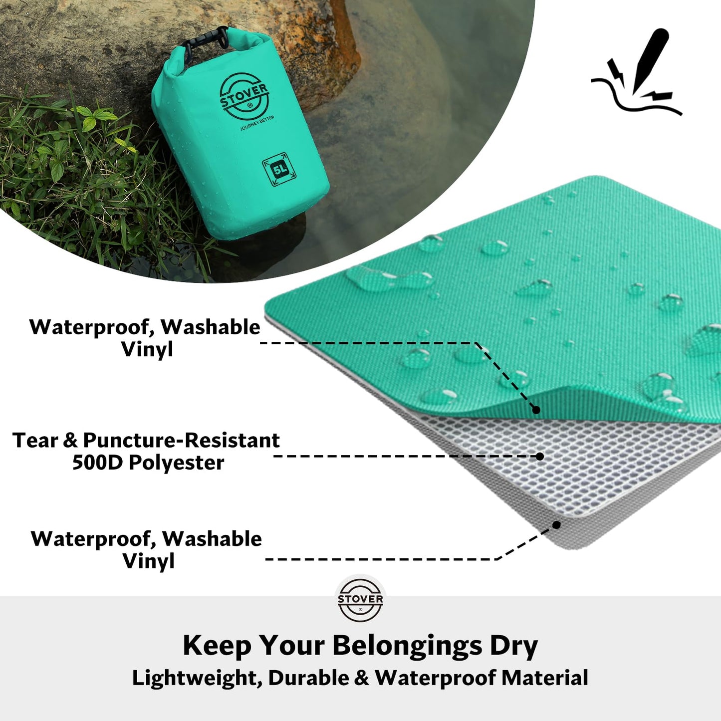 STOVER 5/10/25/30/40/55L Waterproof Dry Bag, Small Lightweight Roll Top Dry Bag Backpack w/Waterproof Phone Case, Kayaking, Travel, Hiking, Fishing, Tubing, Camping, the Beach, Men/Women (Teal)