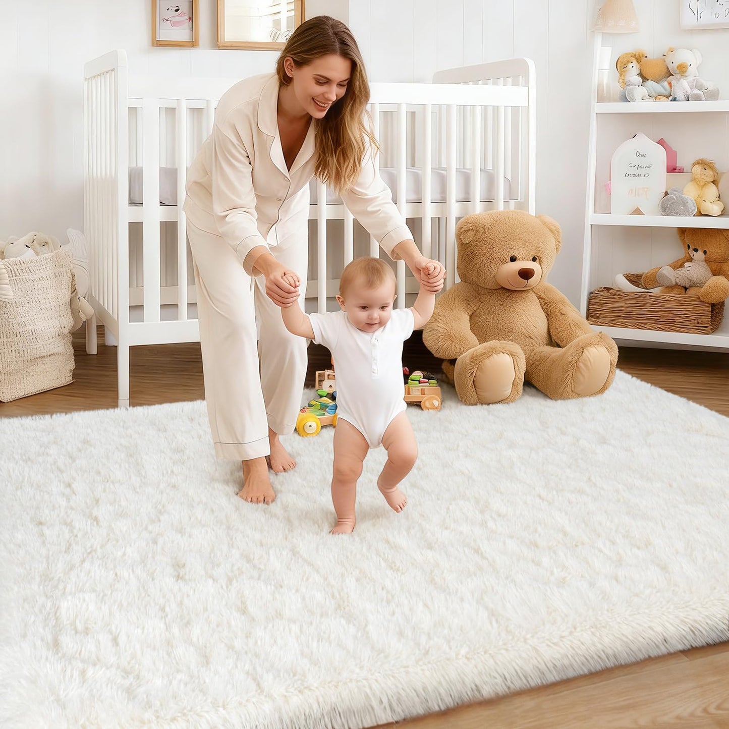 Rug for Living Room Bedroom, 5x7 Area Rugs for Living Room, Ultra Soft Modern Shaggy Carpets Fuzzy Rug for Boys Girls Dorm Nursery Home Decor Aesthetic, Upgrade Non-Slip Durable, Cream White