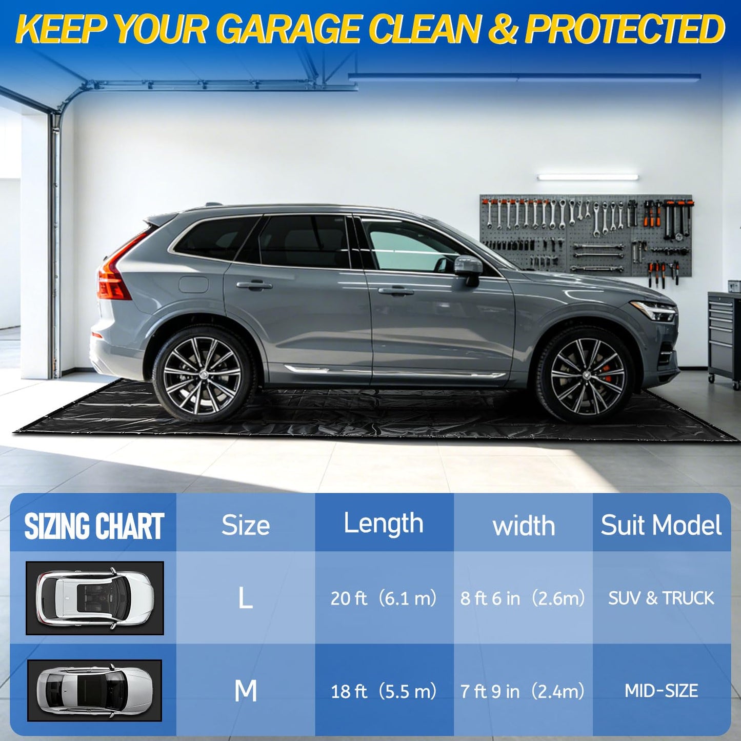 Bamgoten (8'6"× 20'）Garage Mats for Floor,1.2-Inch PVC Raised Edges for Cars SUVs Trucks for Residential Garages, Parking Lots, Warehouses and Repair Shops, Includes Gloves, Scraper, and Velcro Straps