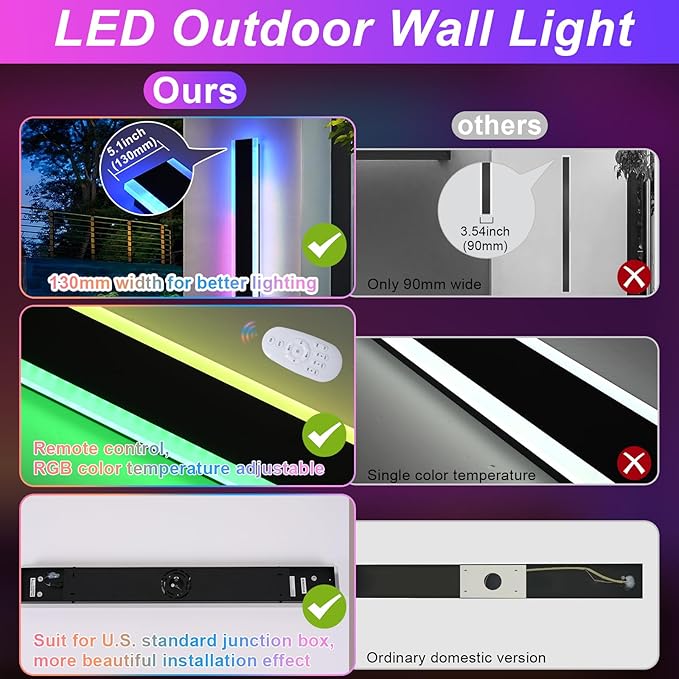 2 Pack Modern RGB Outdoor Wall Lights for Patio,48 inch Long Outdoor LED Wall Lights,Dimmable LED Long Linear Exterior Lighting,Outside Linear Wall Light for Front Door,Garage,Enterway