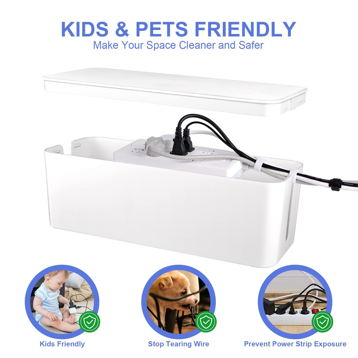 Cable Organizer Box Set of Three, Power Cover Cord Holder Surge Protector for Desk (White)