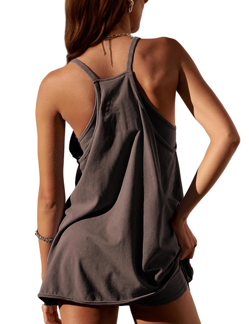 Lentta Womens Athletic Sleeveless Mini Dress with Built-in Shorts V Neck Spaghetti Strap Sundress(Coffee-XS)