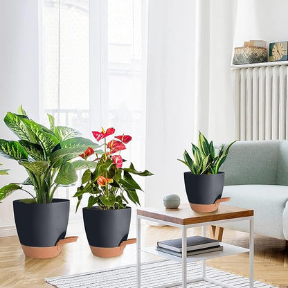 Plant Pots, Self Watering Planters for Indoor Plants with Drainage Hole, Plastic Flower Pot for Succulents, African Violet (Black, 12/10/9)