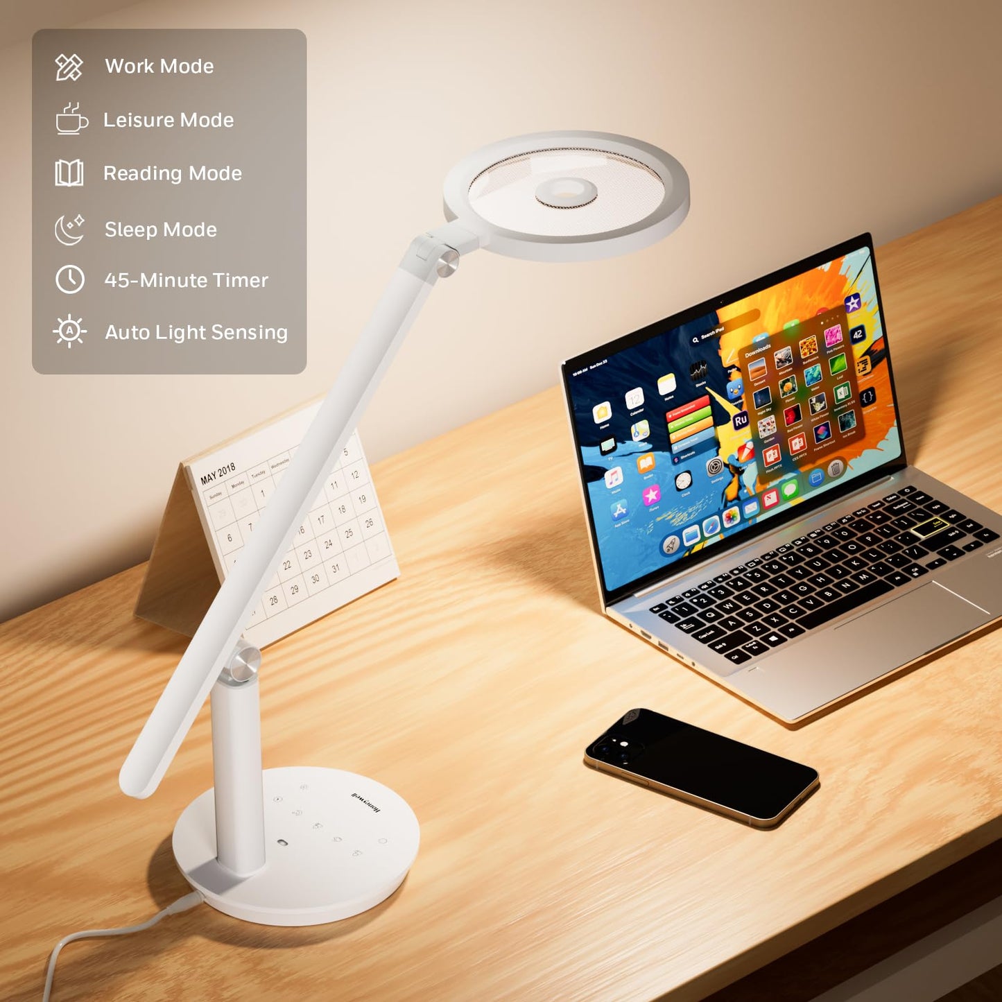 Honeywell Desk Lamp for Home Office, H6 Sunturalux™ Eye-Caring Led Desk Light, 800LM Dimmable Desk Lamp with Timer, Touch Control Tall Desk Reading Light, Table Lamp for Circle Webcam, Study, Bedroom