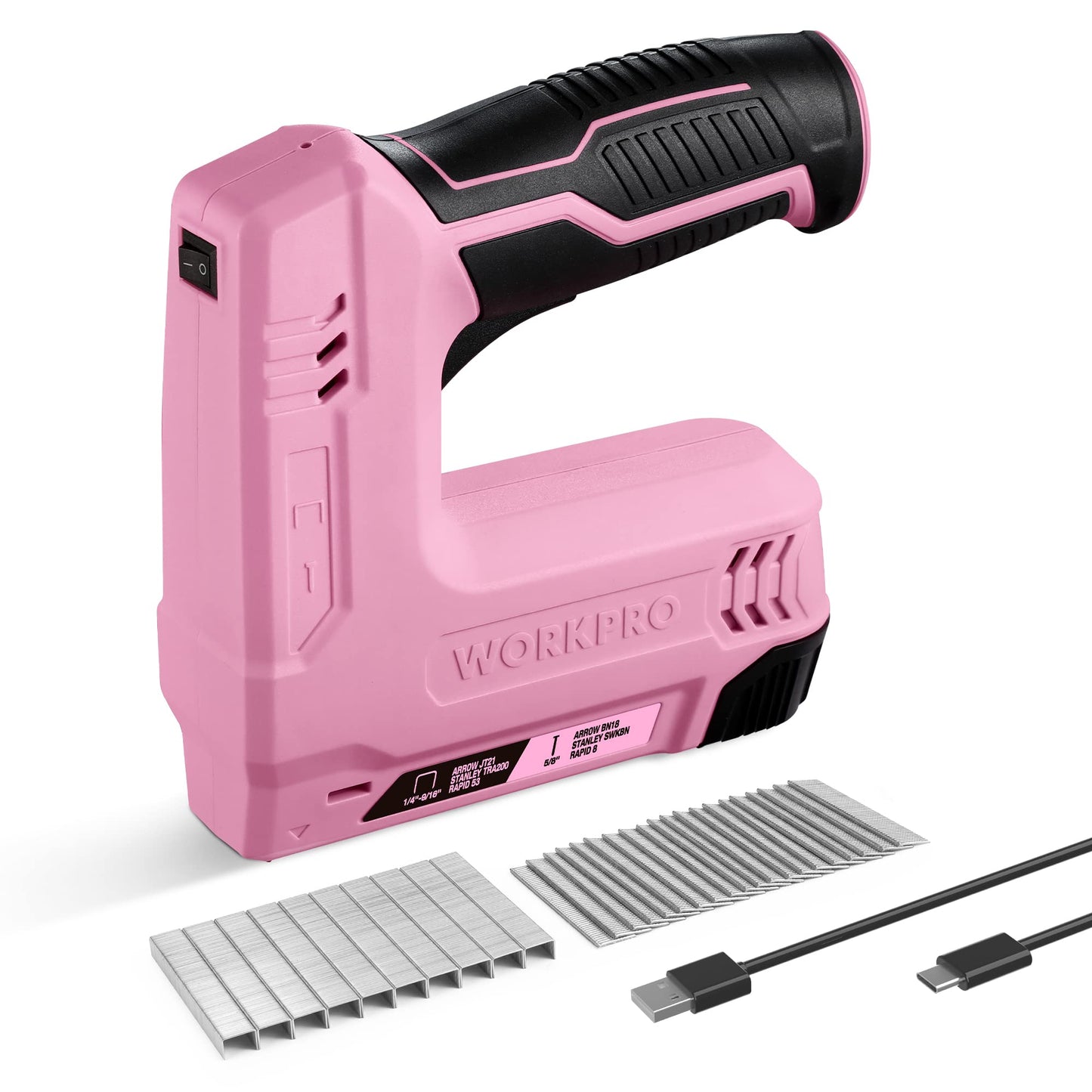 WORKPRO Electric Staple Gun, 2-in-1 Brad Nailer Electric with 2000PCS Staples Nails & USB Charger, 3.6V Staple Gun for Upholstering, Crafts, Carpentry, DIY, Pink Ribbon