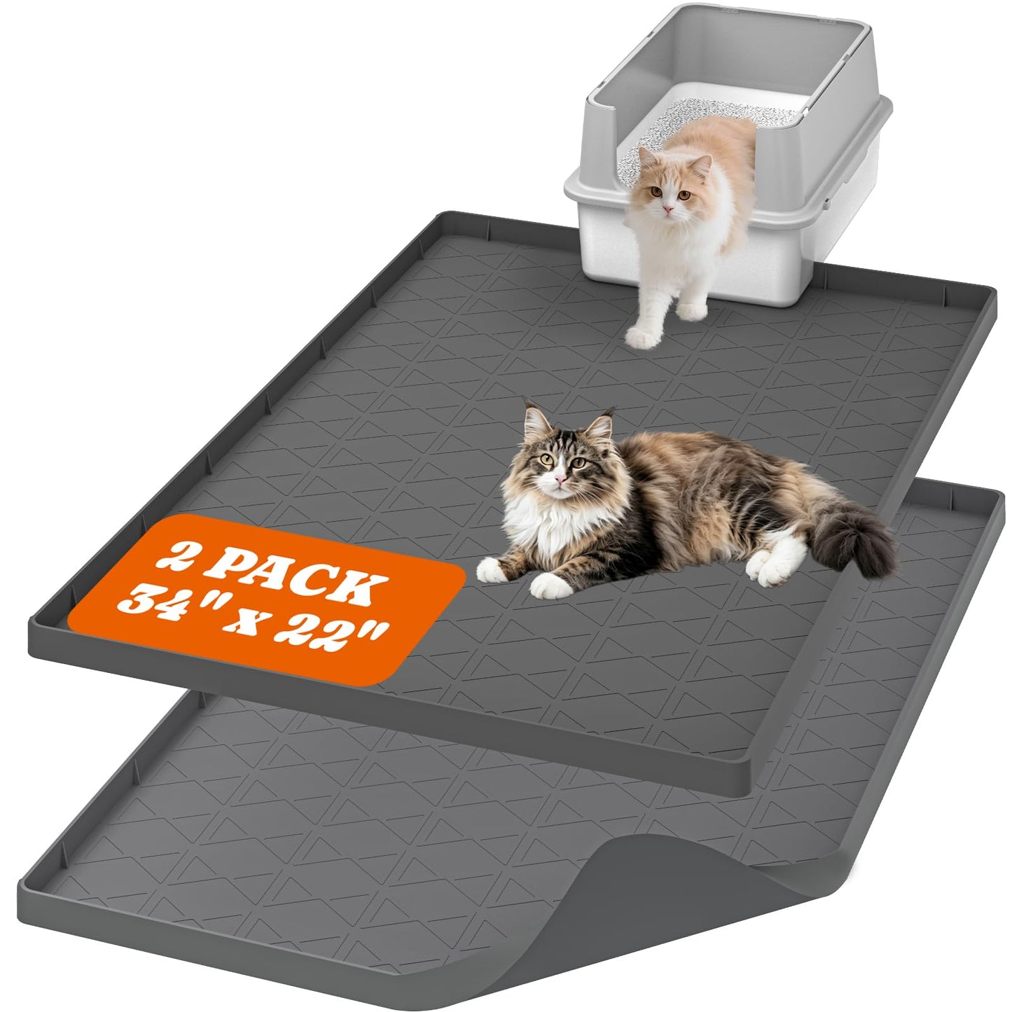 Pawtners Large Cat Litter Mat for Litter Box 2 Packs, 34" x 22" Waterproof Silicone Pad for Floor, Easy to Clean, Gray
