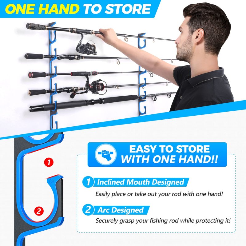 PLUSINNO H5 Horizontal Fishing Rod/Pole Holders for Garage, Wall or Ceiling Mounted Fishing Rod Rack, Aviation Aluminum Fishing Pole Holder Holds up to 5 Rod or Combos or Nets Storage Racks