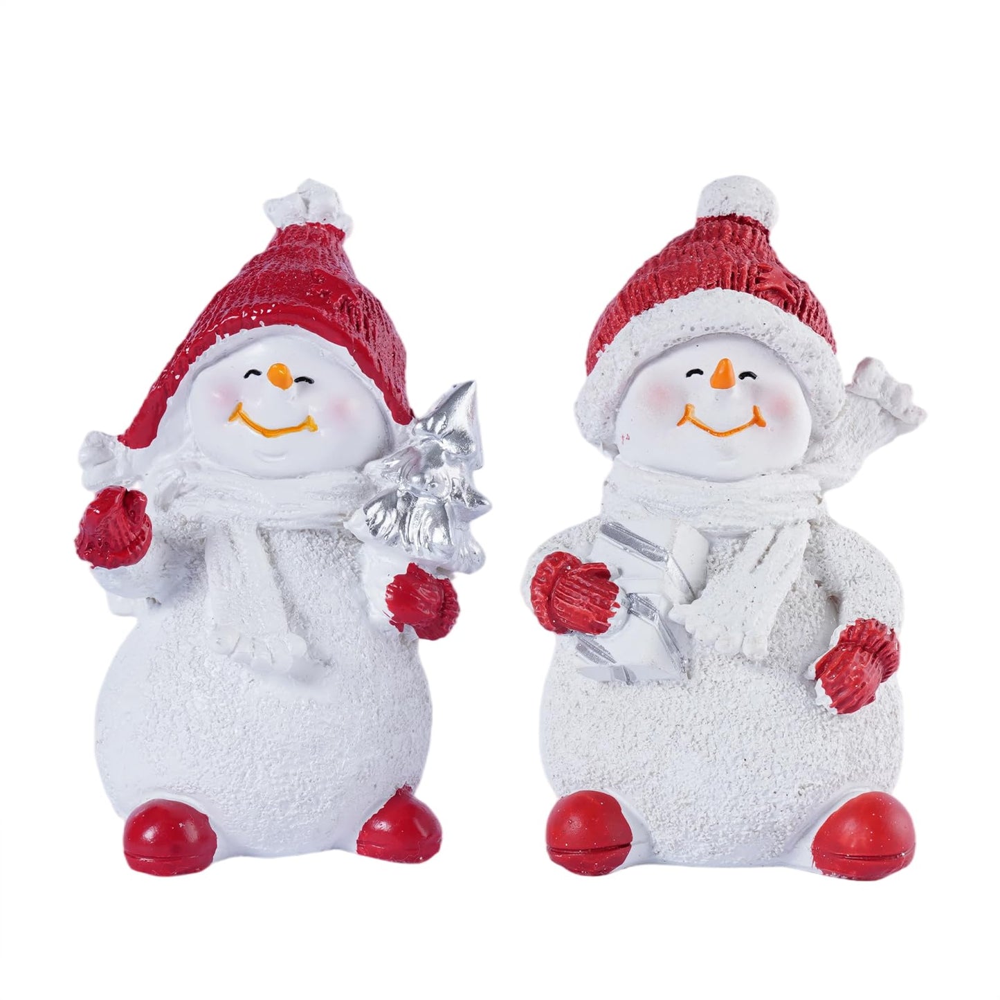 Brizoria Snowman Figurines Set of 2 White Resin Christmas Decorations with Red Accents Winter Mantel Decor and Holiday Centerpieces for Table Home Indoor Tiered Tray Room Display