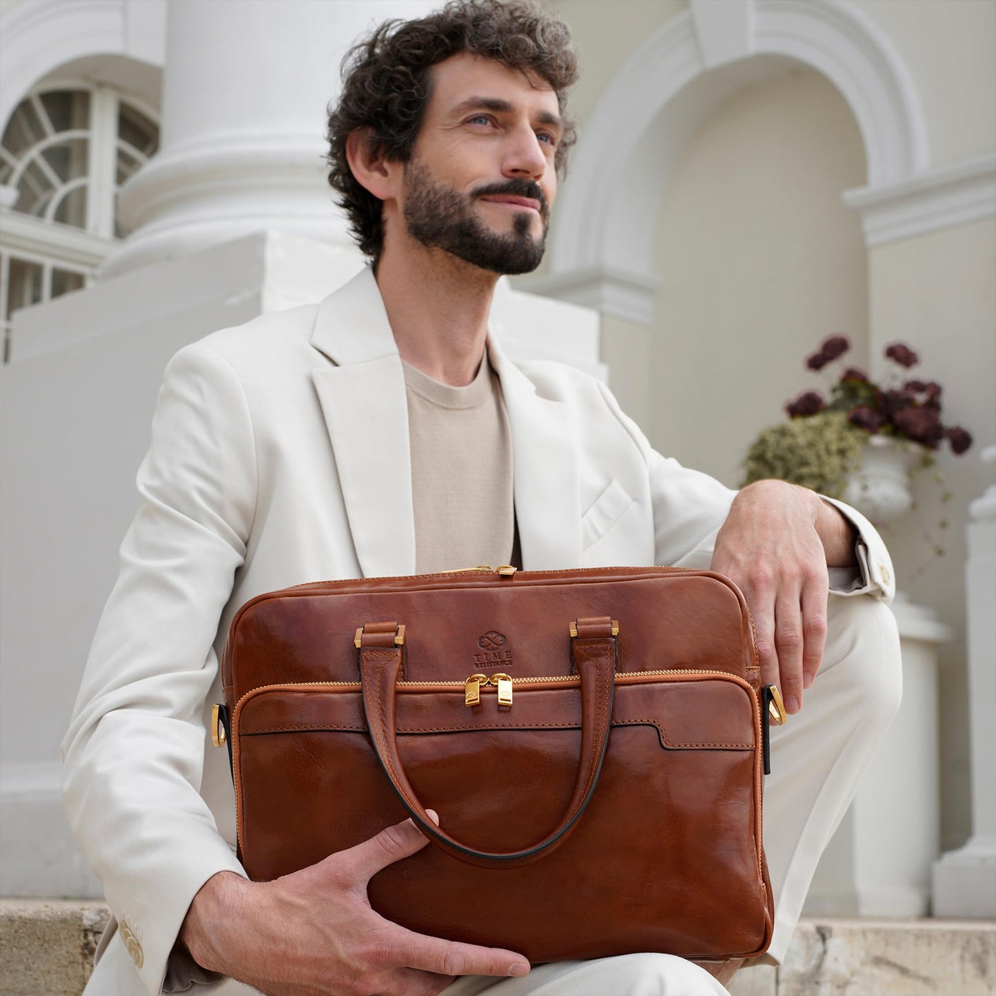 Time Resistance Leather Briefcase - Italian Handmade Leather Laptop Bag - Work Bag for Men and Women - Computer Briefcase