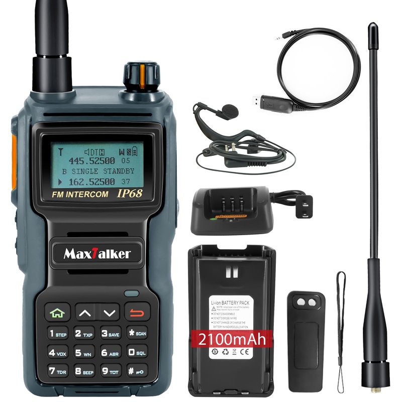 MaxTalker TK-W70 Ham Radio Long Range 5W, Handheld Radio with Programming Cable, Multi-Band Two Way Radio with 2100mAh Battery, IP68 Waterproof Ham Radio
