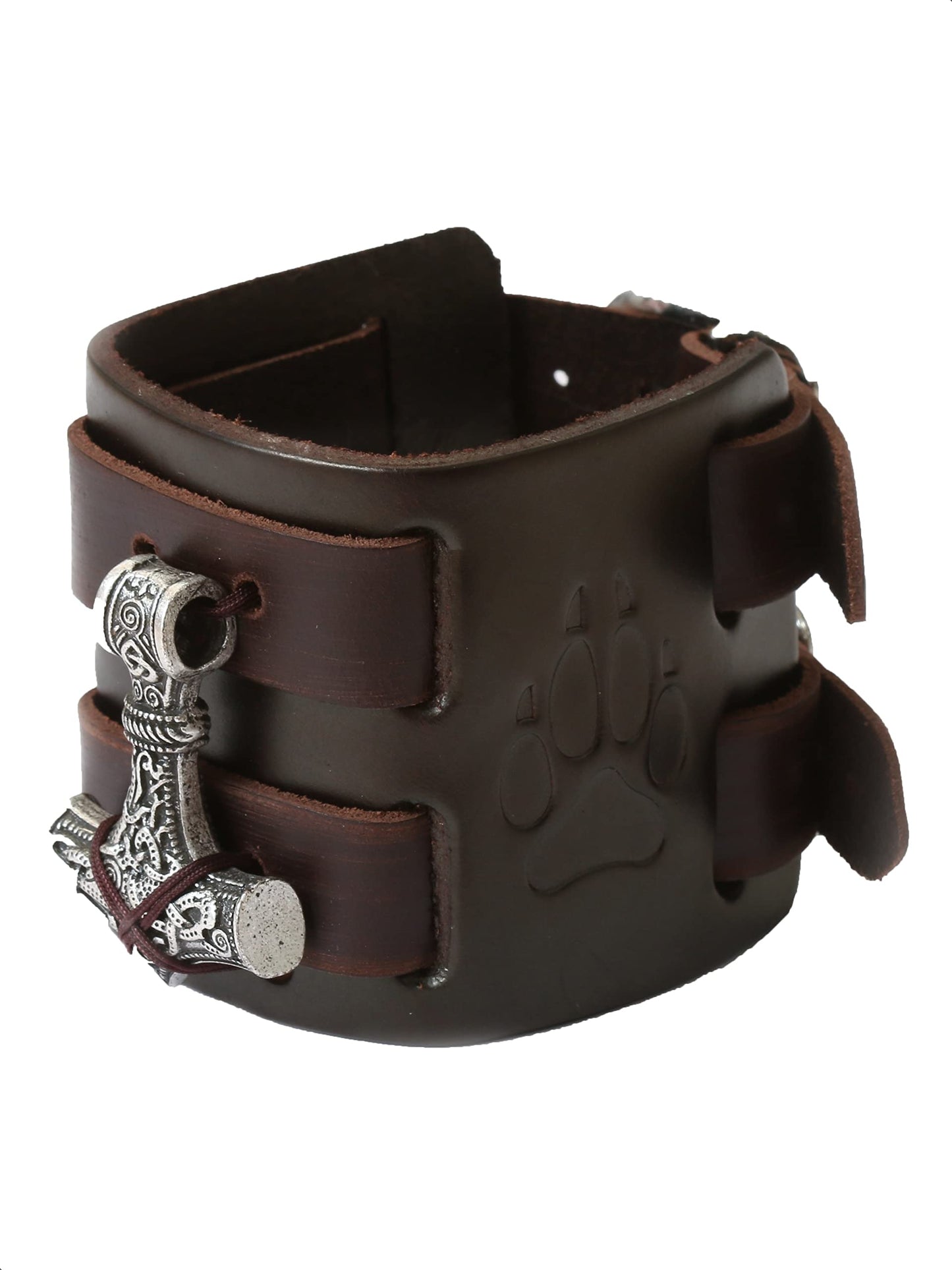 HAQUIL Viking Bracelet for Men, Viking Mjolnir Pendant, Nordic Brown Wide Leather Wristband, NorseJewelry Men