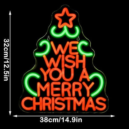 We Wish You a Merry Chritmas Neon Sign, Christmas Tree LED Neon Sign, LED Sign with Star for Christmas Decor, Holiday Wall Decoration, USB Powered, Adjustable Brightness