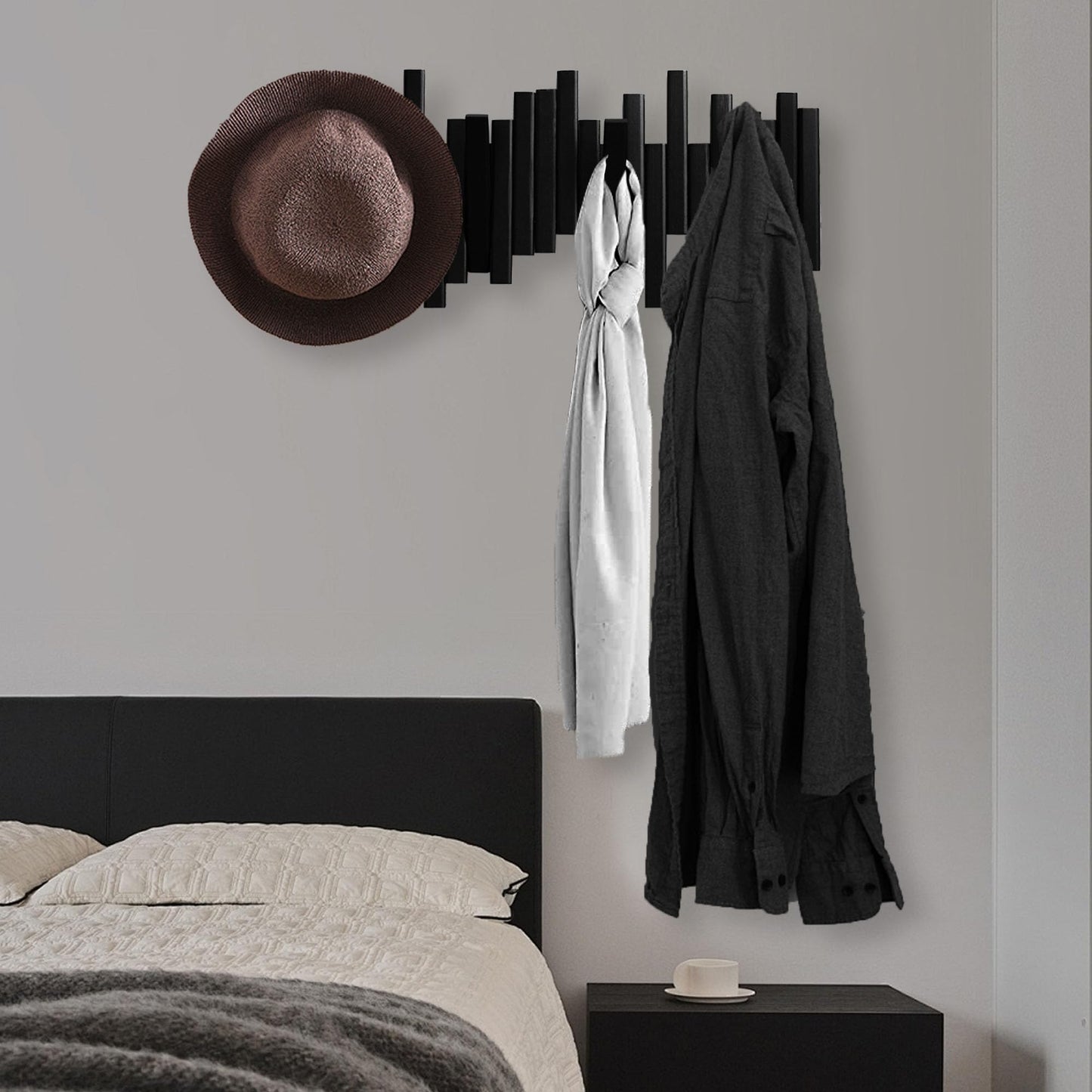 MinBoo Bamboo Multi Hook Coat Rack -Decorative Hooks for Wall Modern, Unique, Space-Saving Coat Hanger with 4 Flip-Down Hook for Hanging Coats, Christmas Decorations Wall Hooks for Hanging,Black