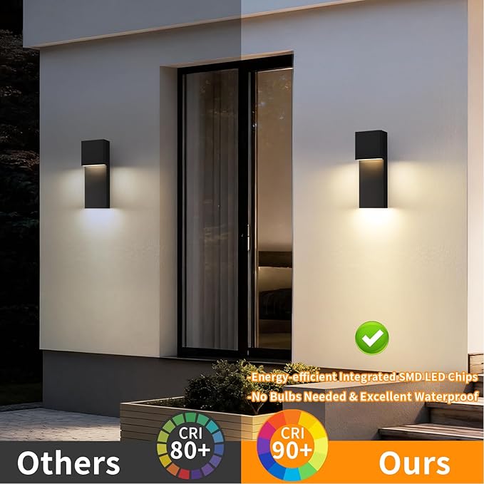 tewei Modern LED Outdoor Wall Sconce, 15'' 20W Outdoor Light Fixtures Exterior Wall Lights, Black LED Front Porch Lights Outside Wall Mount Lighting for House, Backyard, Warm White 3000K, 2 Pack