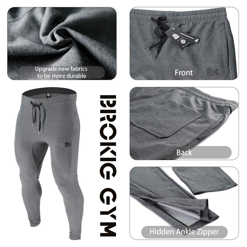BROKIG Mens Zip Joggers Pants Casual Gym Workout Track Pants Tapered Sweatpants with Pockets (Large, 2 Pack Black+Dark Grey)