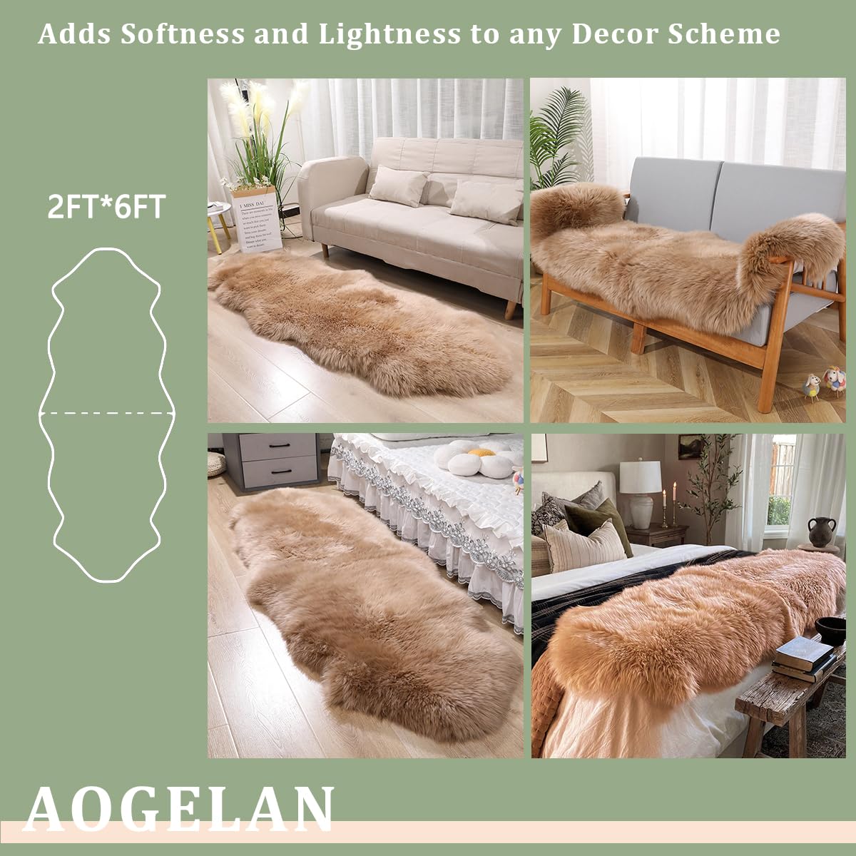 Fluffy Patchwork Sheepskin Rug with Little Patches, Fuzzy Shaggy Fur Genuine Wool Area Carpet for Bedroom Living Room Floor, Pray Pup Mat, Chair Sofa Seat Cover, Light Brown, 2' x 6'