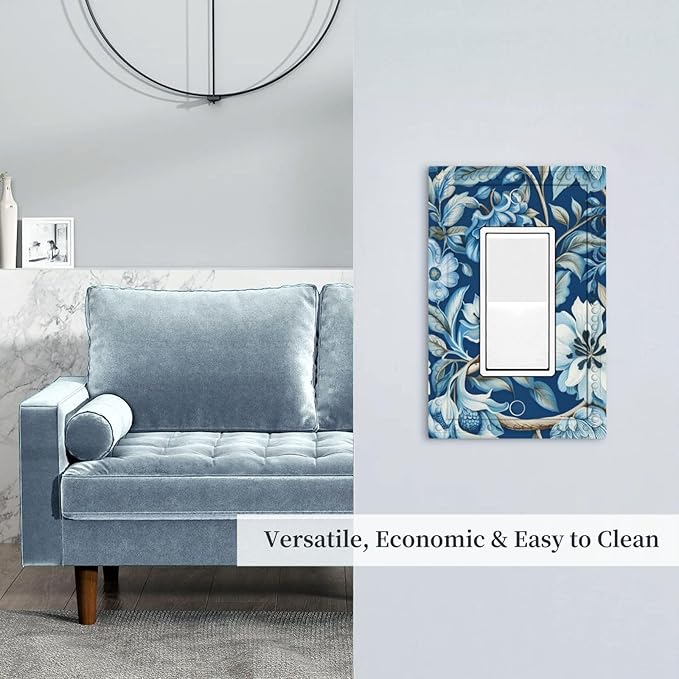 Blue Flowers Branches Leaves Floral Pattern Single Decora Outlet Wall Plate 1 Gang Rocker Decorative Switchplate Faceplate GFCI Light Switch Covers for Home Living Decor