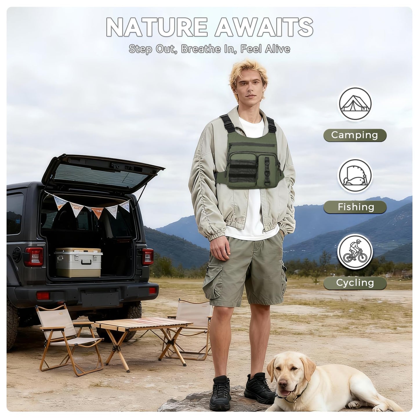 Criuage Outdoor Chest Bag for Men, Lightweight Adjustable Running Vest, Water Resistant EDC Chest Pack with Water Bottle Pocket, Breathable Back Pad for Hiking Cycling Fishing Travel (Olive)