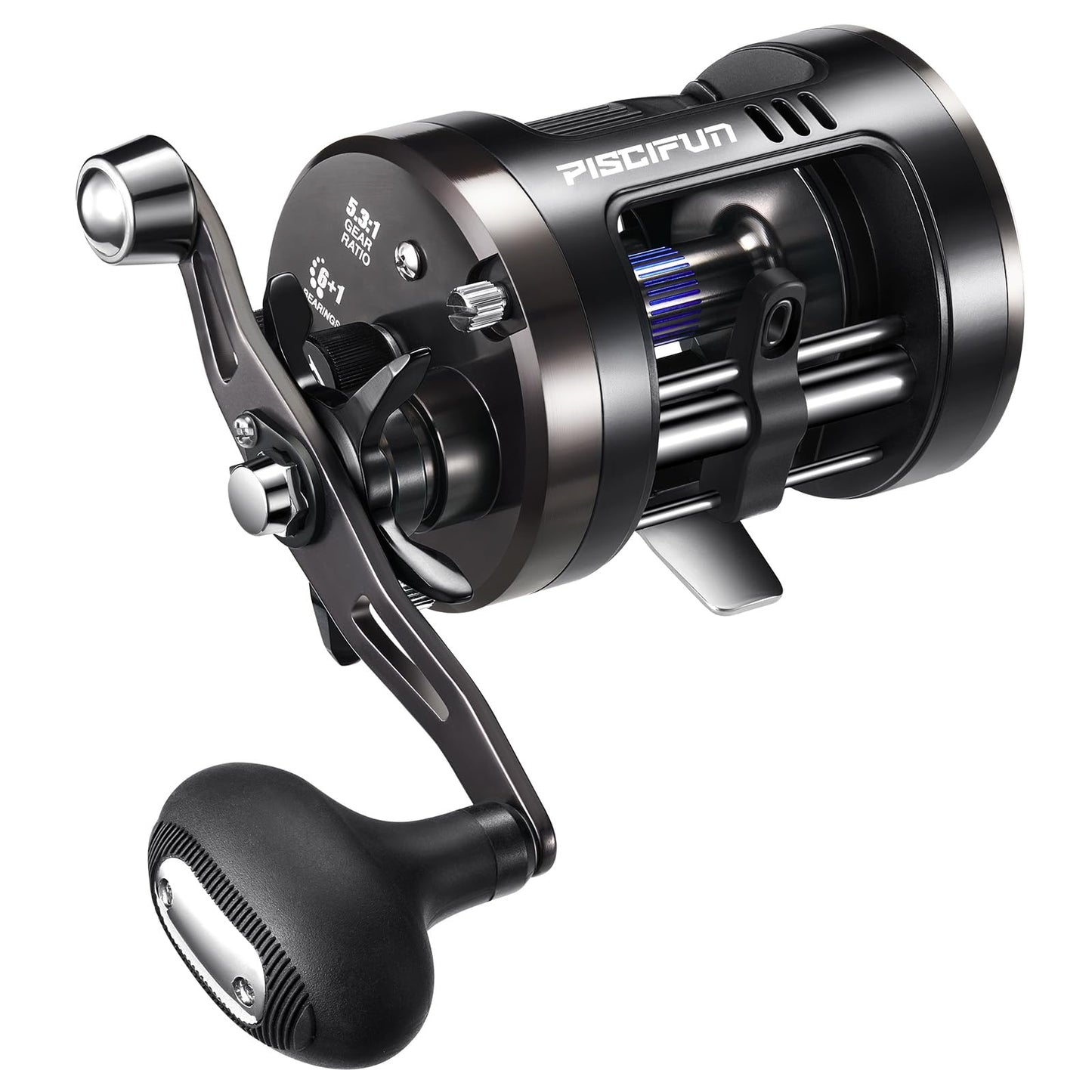 Piscifun Chaos Pro Baitcasting Fishing Reel, CNC Machined Aluminum Body Round Catfish Reel with 25LB Max Drag, Trolling Reel with Level Wind & Magnetic Braking for Lake & Saltwater, Black, Right Hand