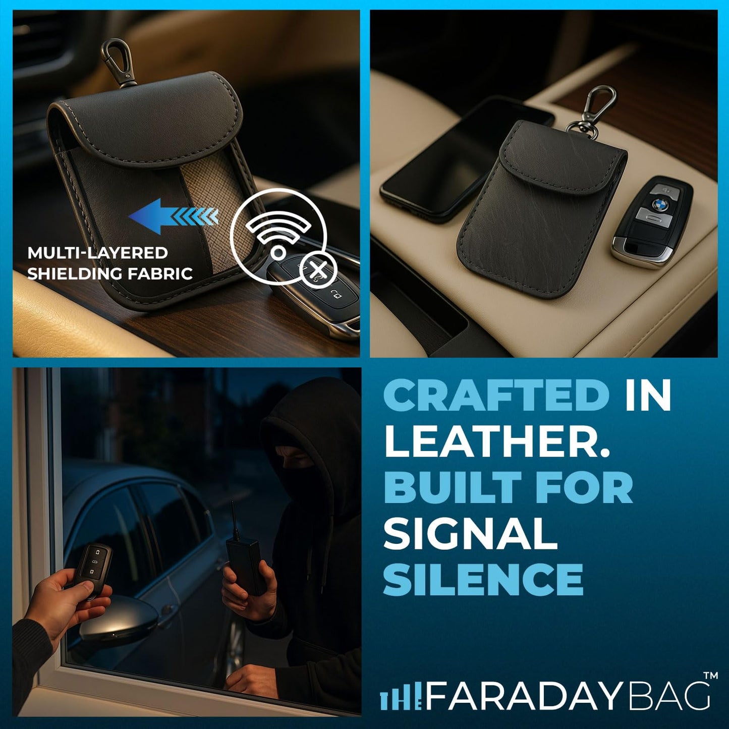 Real Leather Faraday Pouch for Key Fob Signal Blocker Protector - Faraday bags for car keys - RFID Blocking Sleeves (Grey)