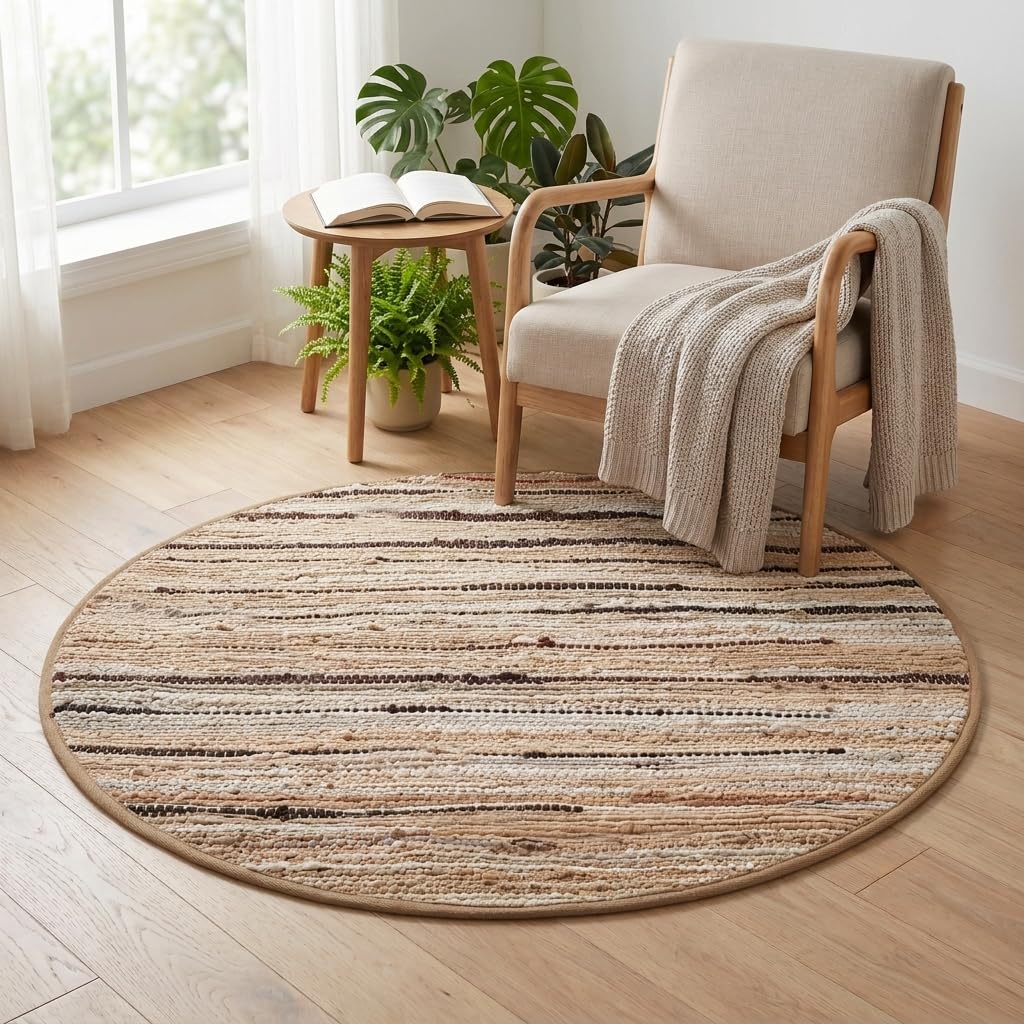 Cotton Hand Woven Chindi Area Rug 4 Feet Round - Beige, Reversible Circle Green Dinning Space Floor Rugs Ideal for Bedroom, Living Room, Kitchen | Linen Farmhouse Recycled Patio Mats for Balcony Décor