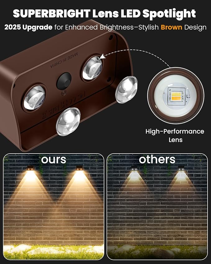 Brighter Solar Fence Lights-3000/4000/6000K 3 Mode,Solar Lights Outdoor Waterproof,Dusk to Dawn Deck Light, Outdoor Lighting for Backyard/Railing/Wall/Step/Patio(12 Pack,Brown)