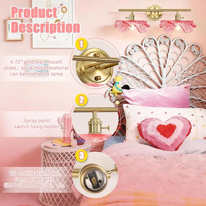 2 Light Bathroom Vanity Lights Over Mirror, Vintage Wall sconces with Pink Glass Shade Bathroom Sconce Gold Vanity Lighting Fixture mid Century Wall Sconce Light for Bedside Bedroom Doorway